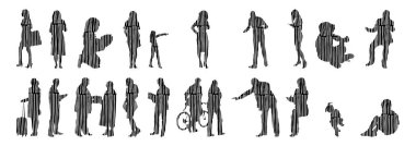 Vektör siluetleri, insanların ana hatları, Contour çizimleri, insanların siluetleri, ikon kümesi izole edilmiş, oturan insanların silueti, mimari set