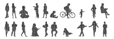 Vektör siluetleri, insanların ana hatları, Contour çizimleri, insanların siluetleri, ikon kümesi izole edilmiş, oturan insanların silueti, mimari set