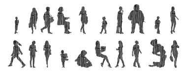 Vektör siluetleri, insanların ana hatları, Contour çizimleri, insanların siluetleri, ikon kümesi izole edilmiş, oturan insanların silueti, mimari set