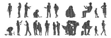 Vektör siluetleri, insanların ana hatları, Contour çizimleri, insanların siluetleri, ikon kümesi izole edilmiş, oturan insanların silueti, mimari set