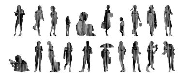 Vektör siluetleri, insanların ana hatları, Contour çizimleri, insanların siluetleri, ikon kümesi izole edilmiş, oturan insanların silueti, mimari set