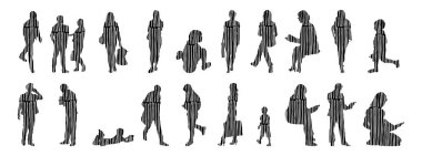 Vektör siluetleri, insanların ana hatları, Contour çizimleri, insanların siluetleri, ikon kümesi izole edilmiş, oturan insanların silueti, mimari set