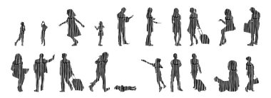 Vektör siluetleri, insanların ana hatları, Contour çizimleri, insanların siluetleri, ikon kümesi izole edilmiş, oturan insanların silueti, mimari set