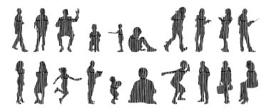 Vektör siluetleri, insanların ana hatları, Contour çizimleri, insanların siluetleri, ikon kümesi izole edilmiş, oturan insanların silueti, mimari set