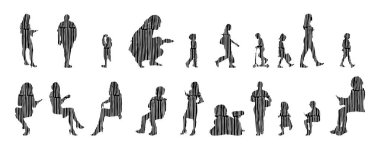 Vektör siluetleri, insanların ana hatları, Contour çizimleri, insanların siluetleri, ikon kümesi izole edilmiş, oturan insanların silueti, mimari set