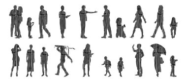 Vektör siluetleri, insanların ana hatları, Contour çizimleri, insanların siluetleri, ikon kümesi izole edilmiş, oturan insanların silueti, mimari set