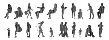 Vektör siluetleri, insanların ana hatları, Contour çizimleri, insanların siluetleri, ikon kümesi izole edilmiş, oturan insanların silueti, mimari set