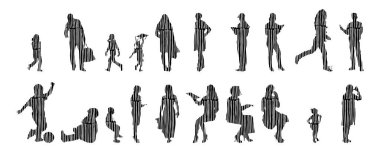 Vektör siluetleri, insanların ana hatları, Contour çizimleri, insanların siluetleri, ikon kümesi izole edilmiş, oturan insanların silueti, mimari set