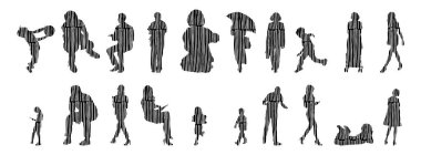 Vektör siluetleri, insanların ana hatları, Contour çizimleri, insanların siluetleri, ikon kümesi izole edilmiş, oturan insanların silueti, mimari set