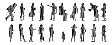 Vektör siluetleri, insanların ana hatları, Contour çizimleri, insanların siluetleri, ikon kümesi izole edilmiş, oturan insanların silueti, mimari set