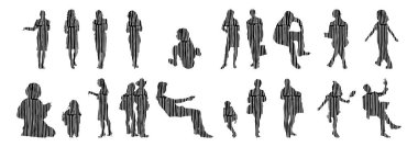 Vektör siluetleri, insanların ana hatları, Contour çizimleri, insanların siluetleri, ikon kümesi izole edilmiş, oturan insanların silueti, mimari set