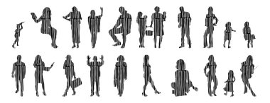 Vektör siluetleri, insanların ana hatları, Contour çizimleri, insanların siluetleri, ikon kümesi izole edilmiş, oturan insanların silueti, mimari set