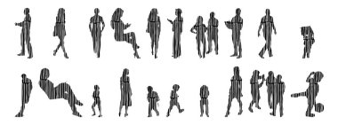 Vektör siluetleri, insanların ana hatları, Contour çizimleri, insanların siluetleri, ikon kümesi izole edilmiş, oturan insanların silueti, mimari set