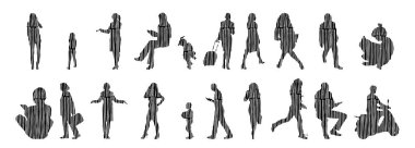 Vektör siluetleri, insanların ana hatları, Contour çizimleri, insanların siluetleri, ikon kümesi izole edilmiş, oturan insanların silueti, mimari set