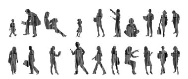 Vektör siluetleri, insanların ana hatları, Contour çizimleri, insanların siluetleri, ikon kümesi izole edilmiş, oturan insanların silueti, mimari set