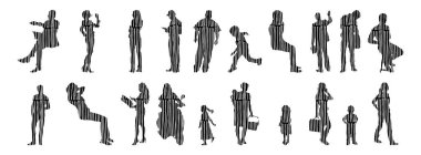 Vektör siluetleri, insanların ana hatları, Contour çizimleri, insanların siluetleri, ikon kümesi izole edilmiş, oturan insanların silueti, mimari set