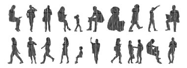 Vektör siluetleri, insanların ana hatları, Contour çizimleri, insanların siluetleri, ikon kümesi izole edilmiş, oturan insanların silueti, mimari set