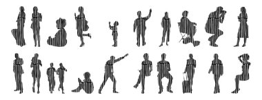 Vektör siluetleri, insanların ana hatları, Contour çizimleri, insanların siluetleri, ikon kümesi izole edilmiş, oturan insanların silueti, mimari set