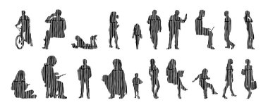 Vektör siluetleri, insanların ana hatları, Contour çizimleri, insanların siluetleri, ikon kümesi izole edilmiş, oturan insanların silueti, mimari set