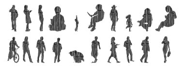 Vektör siluetleri, insanların ana hatları, Contour çizimleri, insanların siluetleri, ikon kümesi izole edilmiş, oturan insanların silueti, mimari set