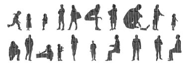 Vektör siluetleri, insanların ana hatları, Contour çizimleri, insanların siluetleri, ikon kümesi izole edilmiş, oturan insanların silueti, mimari set