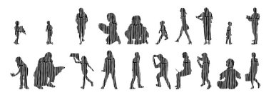 Vektör siluetleri, insanların ana hatları, Contour çizimleri, insanların siluetleri, ikon kümesi izole edilmiş, oturan insanların silueti, mimari set