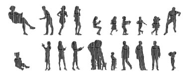 Vektör siluetleri, insanların ana hatları, Contour çizimleri, insanların siluetleri, ikon kümesi izole edilmiş, oturan insanların silueti, mimari set