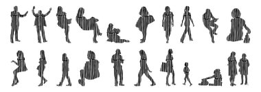 Vektör siluetleri, insanların ana hatları, Contour çizimleri, insanların siluetleri, ikon kümesi izole edilmiş, oturan insanların silueti, mimari set