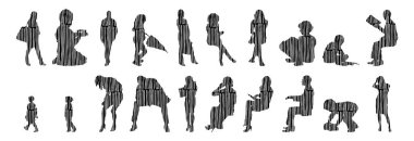 Vektör siluetleri, insanların ana hatları, Contour çizimleri, insanların siluetleri, ikon kümesi izole edilmiş, oturan insanların silueti, mimari set