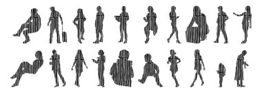 Vektör siluetleri, insanların ana hatları, Contour çizimleri, insanların siluetleri, ikon kümesi izole edilmiş, oturan insanların silueti, mimari set