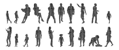 Vektör siluetleri, insanların ana hatları, Contour çizimleri, insanların siluetleri, ikon kümesi izole edilmiş, oturan insanların silueti, mimari set