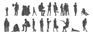 Vektör siluetleri, insanların ana hatları, Contour çizimleri, insanların siluetleri, ikon kümesi izole edilmiş, oturan insanların silueti, mimari set