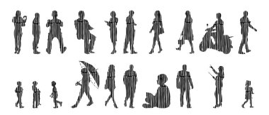 Vektör siluetleri, insanların ana hatları, Contour çizimleri, insanların siluetleri, ikon kümesi izole edilmiş, oturan insanların silueti, mimari set