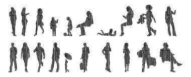 Vektör siluetleri, insanların ana hatları, Contour çizimleri, insanların siluetleri, ikon kümesi izole edilmiş, oturan insanların silueti, mimari set