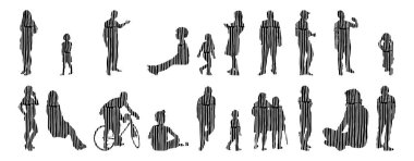 Vektör siluetleri, insanların ana hatları, Contour çizimleri, insanların siluetleri, ikon kümesi izole edilmiş, oturan insanların silueti, mimari set