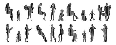 Vektör siluetleri, insanların ana hatları, Contour çizimleri, insanların siluetleri, ikon kümesi izole edilmiş, oturan insanların silueti, mimari set