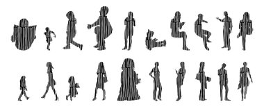 Vektör siluetleri, insanların ana hatları, Contour çizimleri, insanların siluetleri, ikon kümesi izole edilmiş, oturan insanların silueti, mimari set