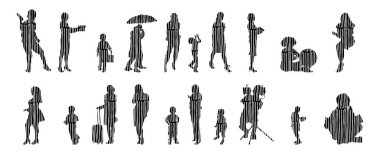 Vektör siluetleri, insanların ana hatları, Contour çizimleri, insanların siluetleri, ikon kümesi izole edilmiş, oturan insanların silueti, mimari set