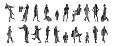 Vektör siluetleri, insanların ana hatları, Contour çizimleri, insanların siluetleri, ikon kümesi izole edilmiş, oturan insanların silueti, mimari set