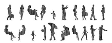 Vektör siluetleri, insanların ana hatları, Contour çizimleri, insanların siluetleri, ikon kümesi izole edilmiş, oturan insanların silueti, mimari set