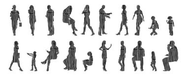 Vektör siluetleri, insanların ana hatları, Contour çizimleri, insanların siluetleri, ikon kümesi izole edilmiş, oturan insanların silueti, mimari set