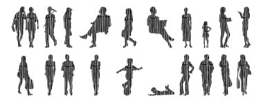 Vektör siluetleri, insanların ana hatları, Contour çizimleri, insanların siluetleri, ikon kümesi izole edilmiş, oturan insanların silueti, mimari set