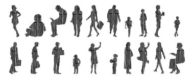 Vektör siluetleri, insanların ana hatları, Contour çizimleri, insanların siluetleri, ikon kümesi izole edilmiş, oturan insanların silueti, mimari set