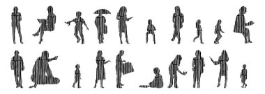 Vektör siluetleri, insanların ana hatları, Contour çizimleri, insanların siluetleri, ikon kümesi izole edilmiş, oturan insanların silueti, mimari set