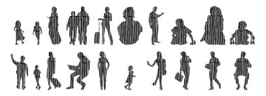 Vektör siluetleri, insanların ana hatları, Contour çizimleri, insanların siluetleri, ikon kümesi izole edilmiş, oturan insanların silueti, mimari set