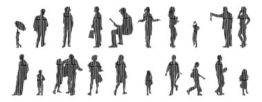 Vektör siluetleri, insanların ana hatları, Contour çizimleri, insanların siluetleri, ikon kümesi izole edilmiş, oturan insanların silueti, mimari set