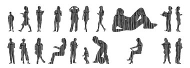 Vektör siluetleri, insanların ana hatları, Contour çizimleri, insanların siluetleri, ikon kümesi izole edilmiş, oturan insanların silueti, mimari set