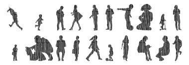 Vektör siluetleri, insanların ana hatları, Contour çizimleri, insanların siluetleri, ikon kümesi izole edilmiş, oturan insanların silueti, mimari set