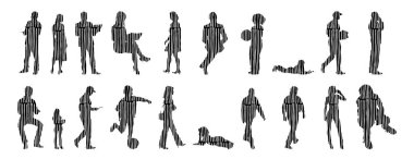 Vektör siluetleri, insanların ana hatları, Contour çizimleri, insanların siluetleri, ikon kümesi izole edilmiş, oturan insanların silueti, mimari set