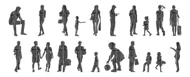 Vektör siluetleri, insanların ana hatları, Contour çizimleri, insanların siluetleri, ikon kümesi izole edilmiş, oturan insanların silueti, mimari set